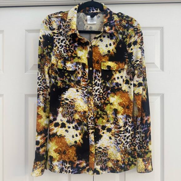 BCBGMAXAZRIA Women’s Yellow Black Leopard Print Snap Up Blouse Size M - Picture 1 of 5